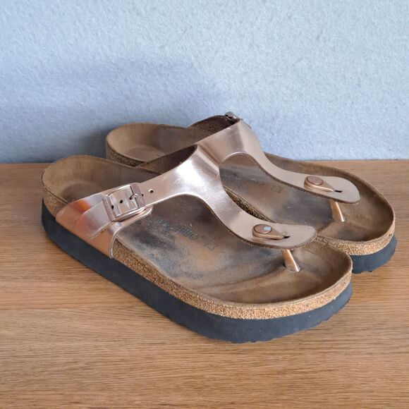 Birkenstock Papillio Gizeh Women 40 9 Silver Metallic Copper Platform Sandals - Picture 9 of 12